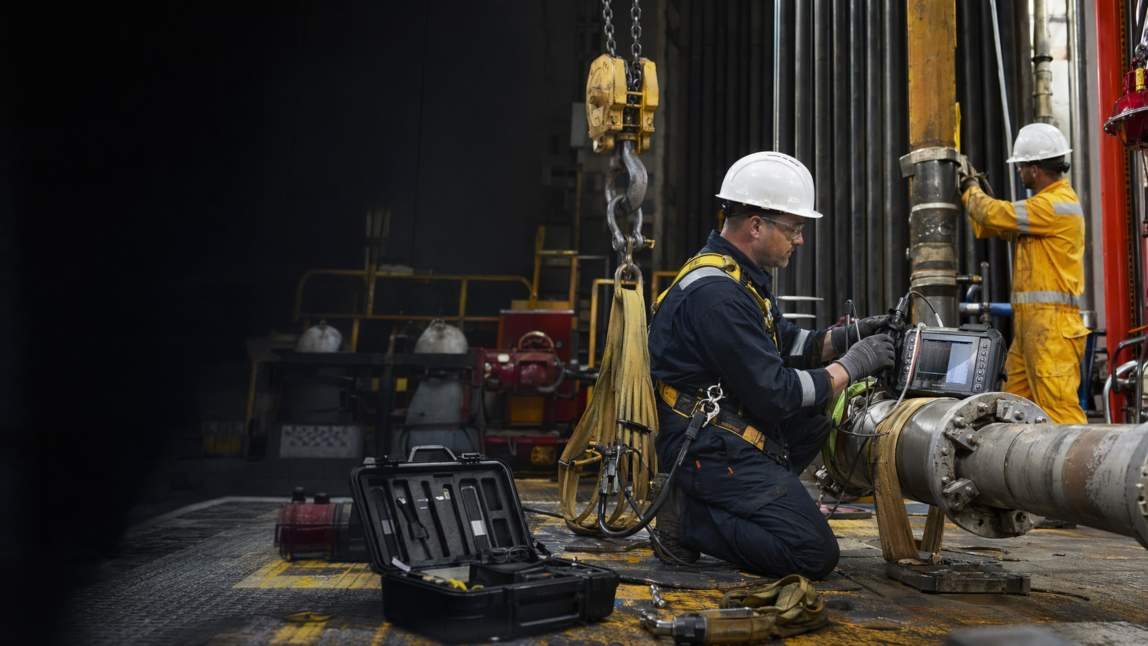 Inspection technicians working around oilfield equipment in a service bay